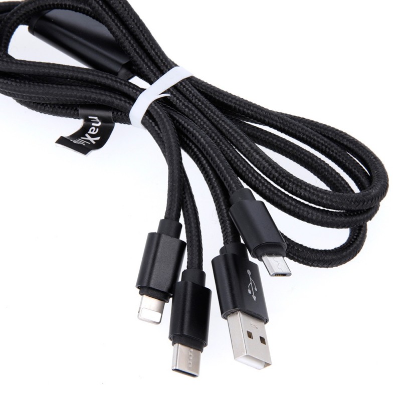 Maxlife кабел 3в1 USB - Lightning + USB-C + microUSB 1.0 m 2.1A черен найлон