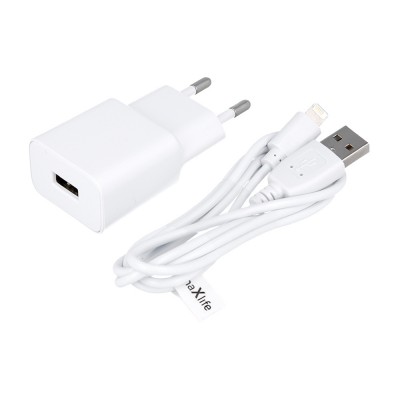 Maxlife MXTC-01 мрежово зарядно 1x USB 2.1A бяло + Lightning кабел