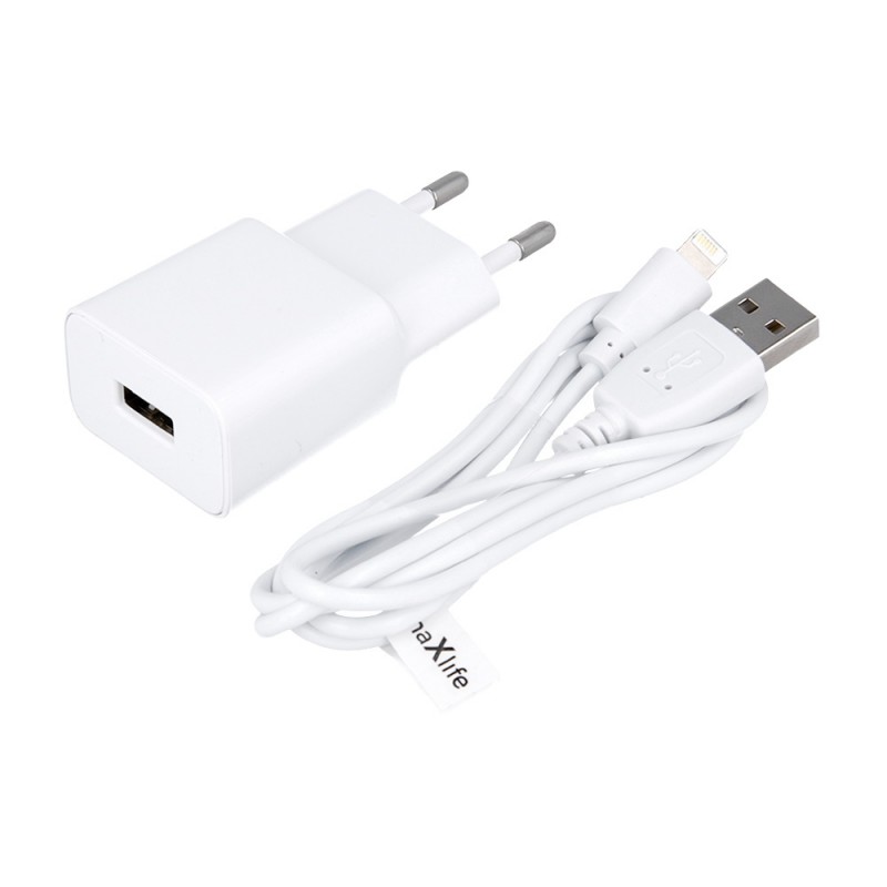 Maxlife MXTC-01 мрежово зарядно 1x USB 2.1A бяло + Lightning кабел