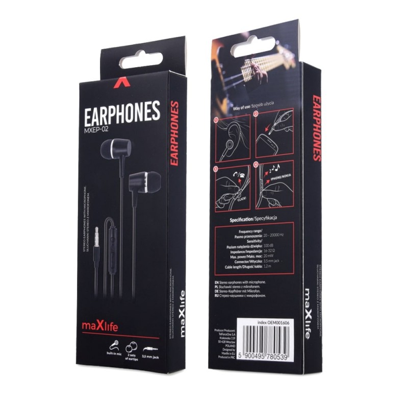 Maxlife кабелни слушалки MXEP-02 тип тапи jack 3,5mm черни