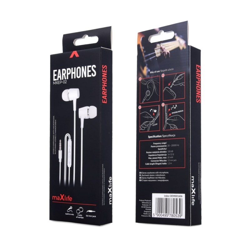 Кабелни слушалки Maxlife MXEP-02 с 3,5 мм жак, бели