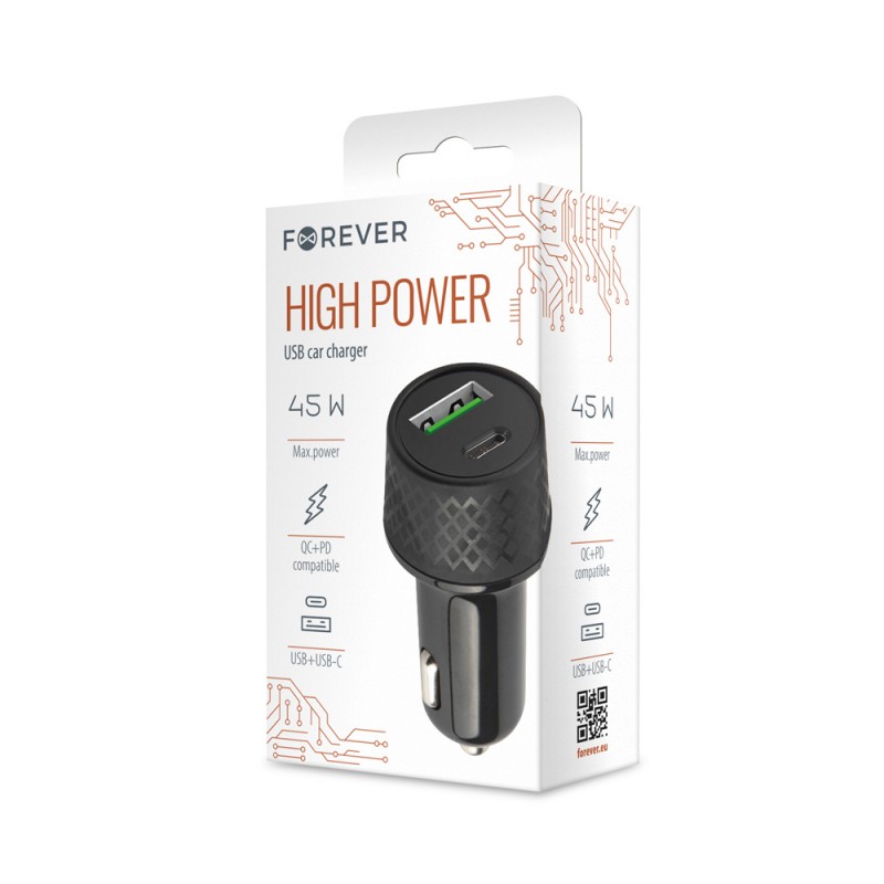 Зарядно за кола Forever 1xUSB 2.4A + 1xUSB-C PD 45W LA-04 черно