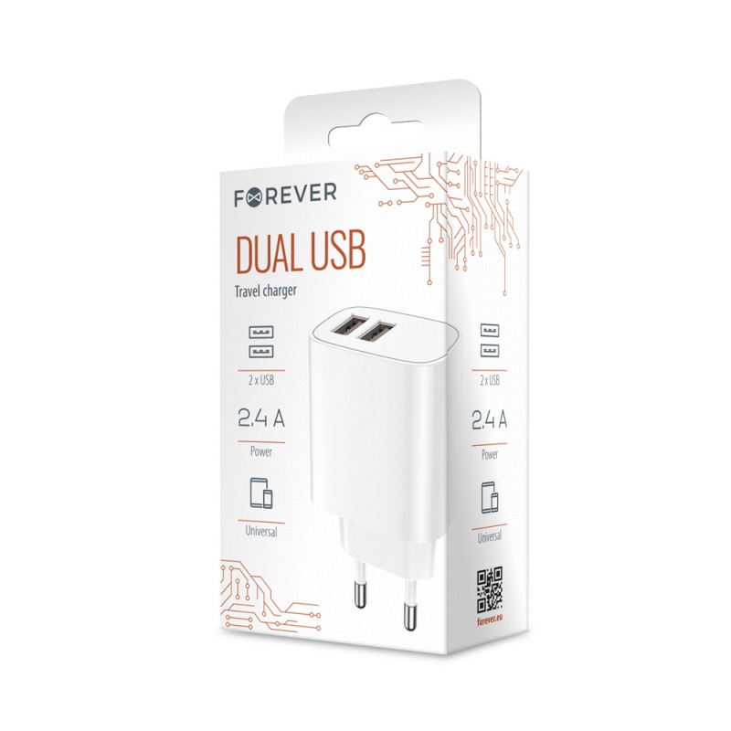 Мрежово зарядно устройство Forever 2xUSB 2.4A LS-03 бяло