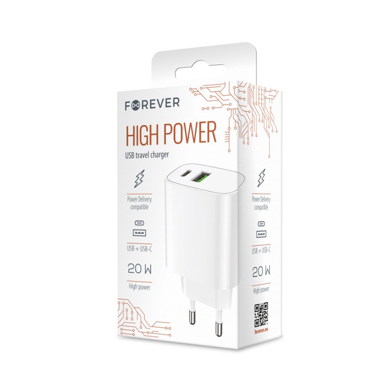 Мрежово зарядно устройство Forever 1xUSB QC 3.0 + 1xUSB-C PD 20W LS-04 бяло