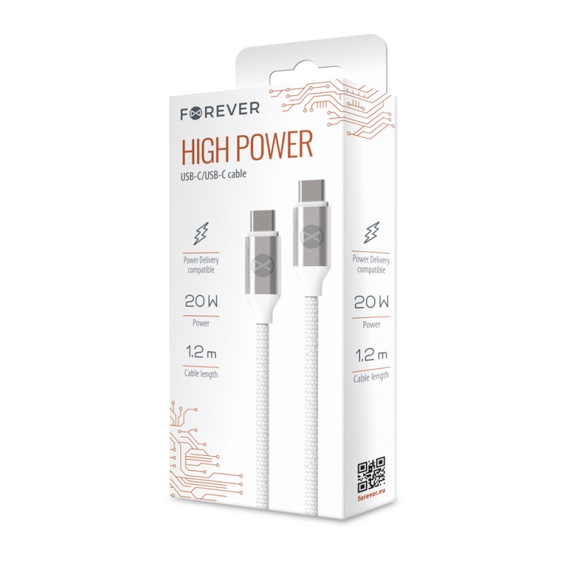 Forever USB-C - USB-C кабел 1.2 m 3A 20W WHP12320 бял