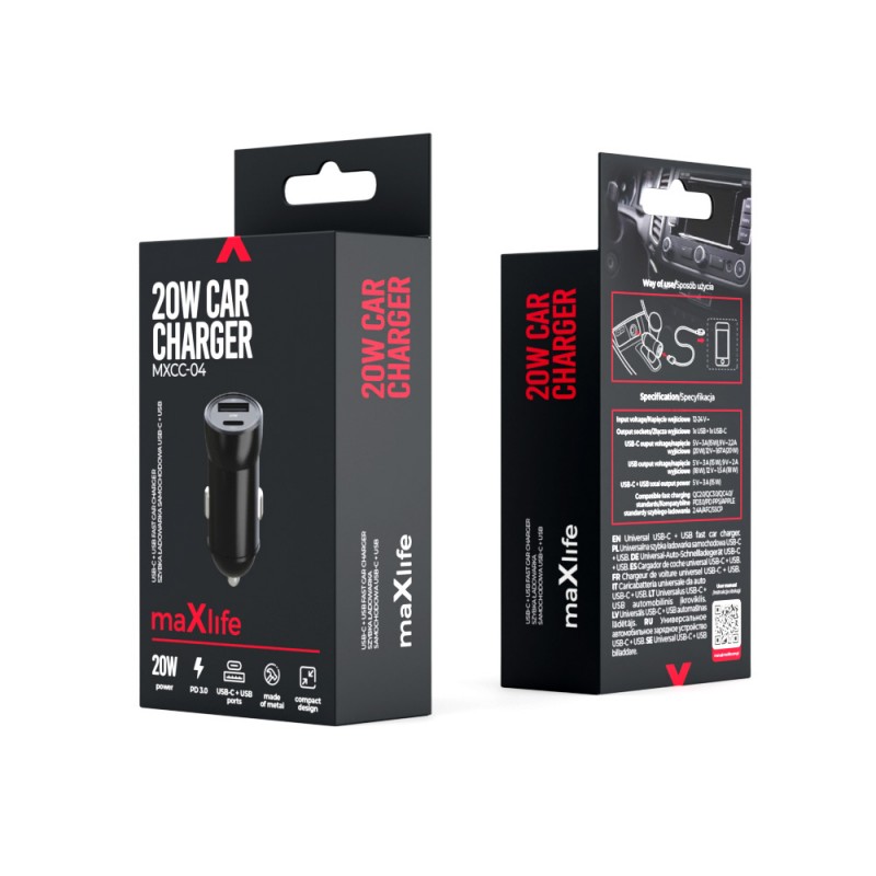Maxlife зарядно за кола PD QC MXCC-04 1x USB-C 1x USB 20W черно