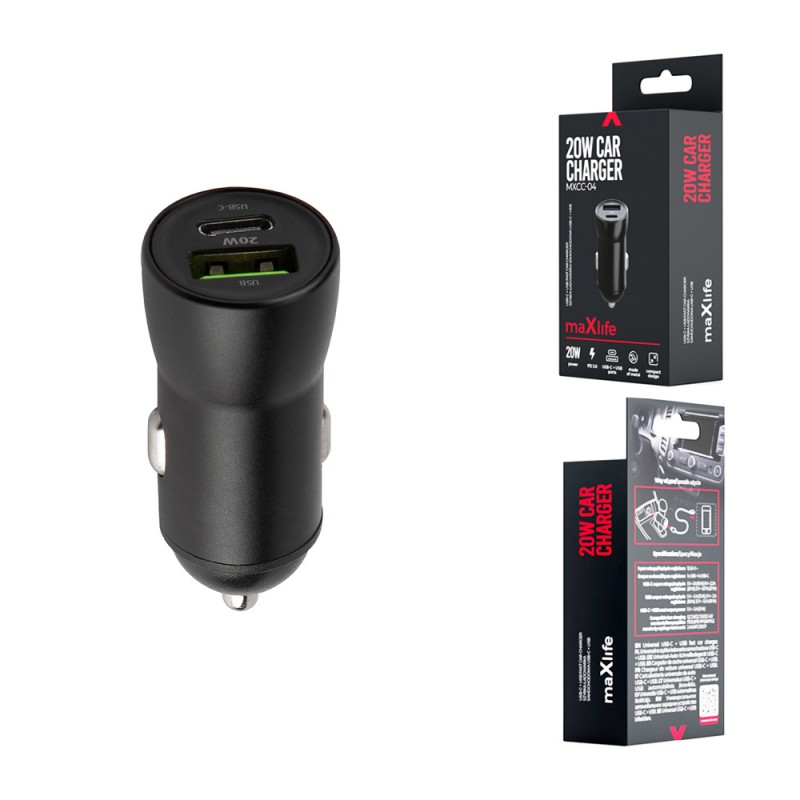 Maxlife зарядно за кола PD QC MXCC-04 1x USB-C 1x USB 20W черно