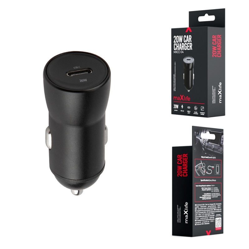 Maxlife PD QC MXCC-04 зарядно за кола 1x USB-C 20W черно
