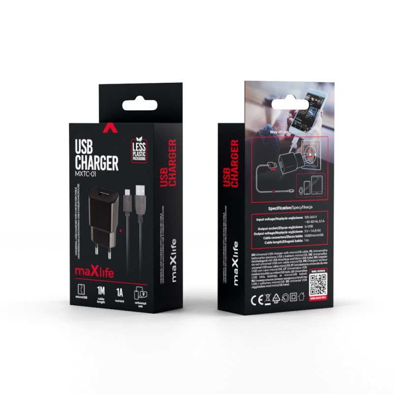 Мрежово зарядно Maxlife MXTC-01 1x USB 1A черно + microUSB кабел