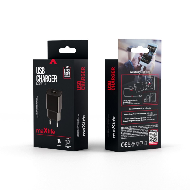 Мрежово зарядно Maxlife MXTC-01 1x USB 1A черно