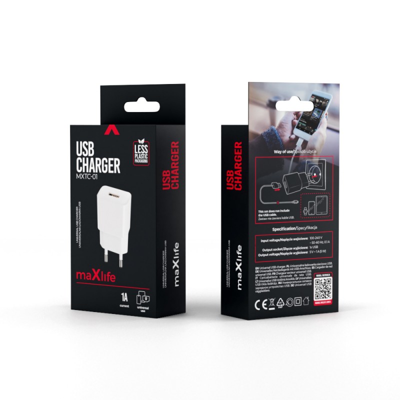 Мрежово зарядно Maxlife MXTC-01 1x USB 1A бяло