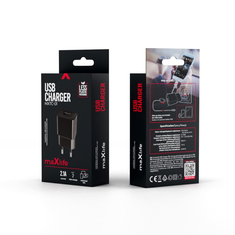 Мрежово зарядно Maxlife MXTC-01 1x USB 2.1A черно