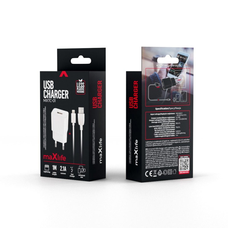 Maxlife MXTC-01 мрежово зарядно 1x USB 2.1A бяло + Lightning кабел