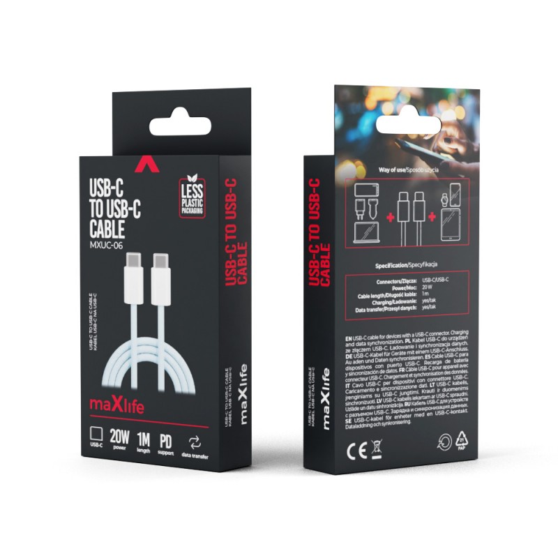 Maxlife кабел MXUC-06 USB-C - USB-C 1,0 m 20W син найлонов