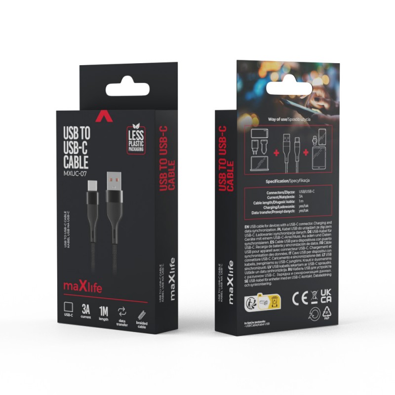 Maxlife MXUC-07 USB - USB-C кабел 1.0 m 3A черен найлон