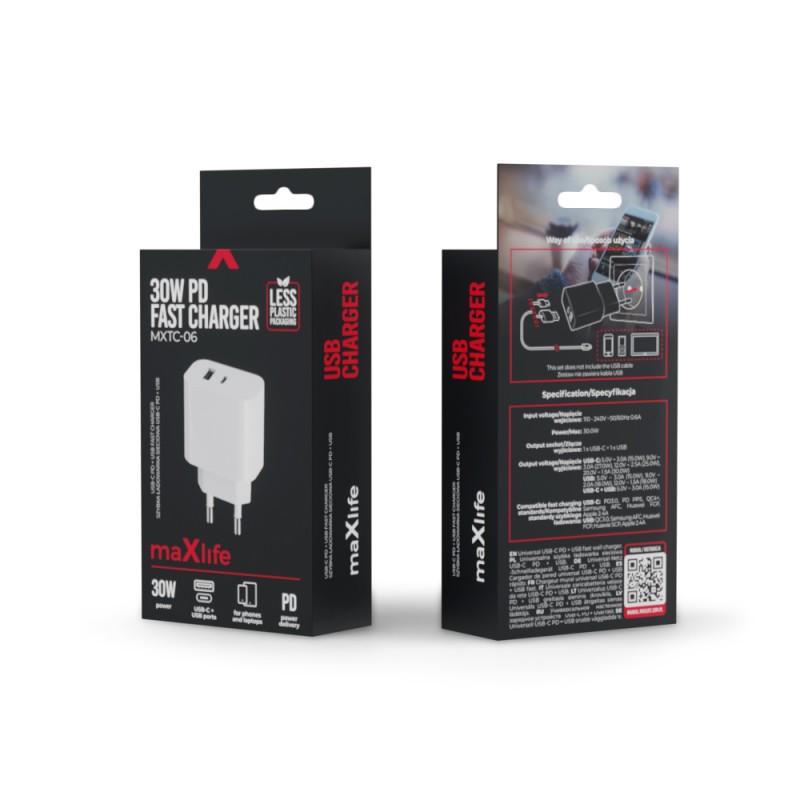 Maxlife PD QC MXTC-06 мрежово зарядно устройство 1x USB-C 1x USB 30W бяло