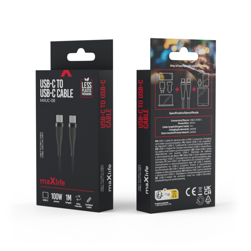 Maxlife кабел MXUC-08 USB-C - USB-C 1,0 m 100W черен найлонов
