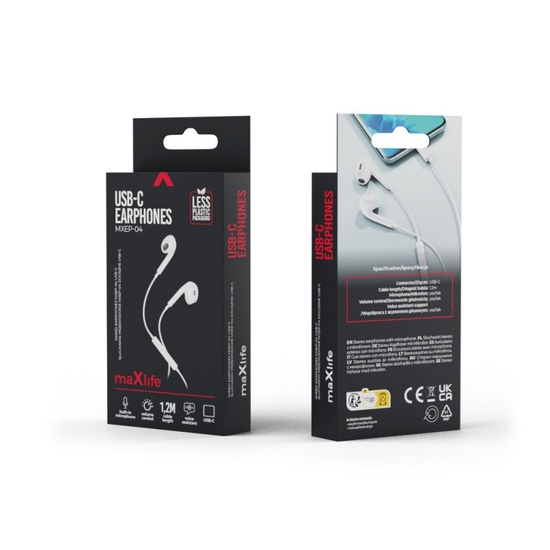Кабелни слушалки за поставяне в ушите Maxlife MXEP-04 USB-C, бели