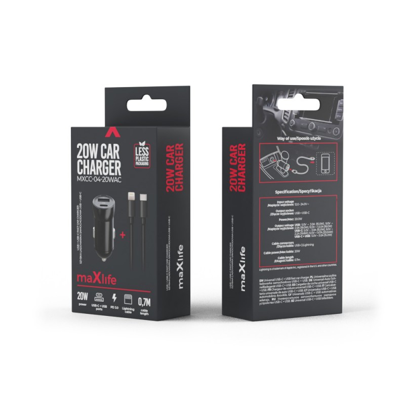 Maxlife зарядно за кола PD QC MXCC-04 1x USB-C 1x USB 20W черно + USB-C - Lightning 27W кабел