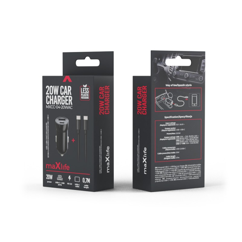 Maxlife зарядно за кола PD QC MXCC-04 1x USB-C 1x USB 20W черно + USB-C - USB-C 60W кабел