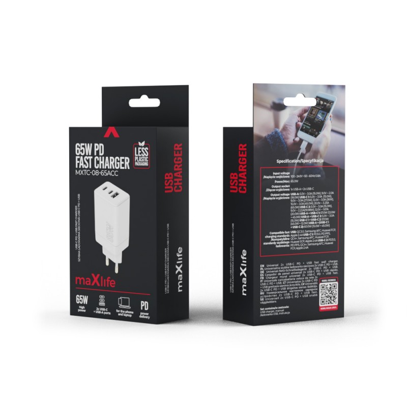 Maxlife PD QC MXTC-08-65ACC мрежово зарядно 2x USB-C 1x USB 65W бяло