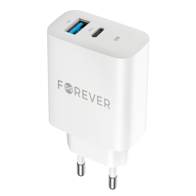 Forever PD QC TC-07-30AC мрежово зарядно устройство 1x USB-C 1x USB 30W бяло