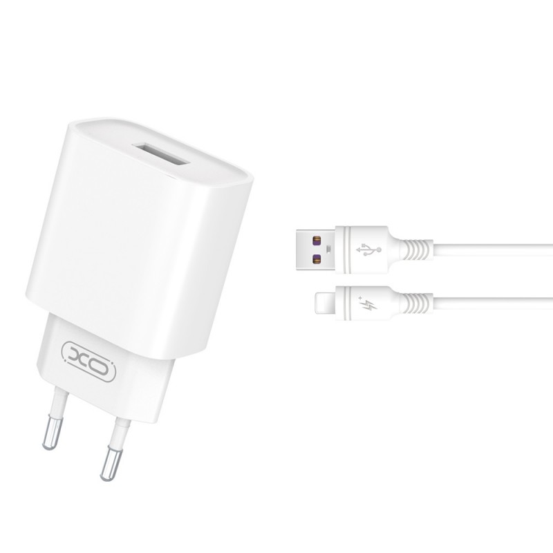 XO мрежово зарядно CE02D QC 3.0 18W 1x USB бяло + Lightning кабел