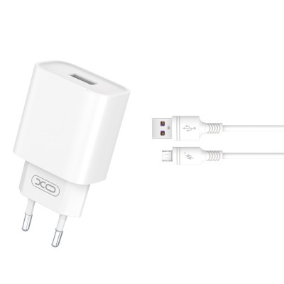 XO мрежово зарядно CE02D QC 3.0 18W 1x USB бяло + microUSB кабел