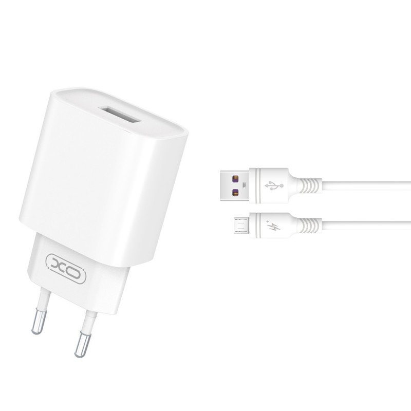 XO мрежово зарядно CE02D QC 3.0 18W 1x USB бяло + microUSB кабел