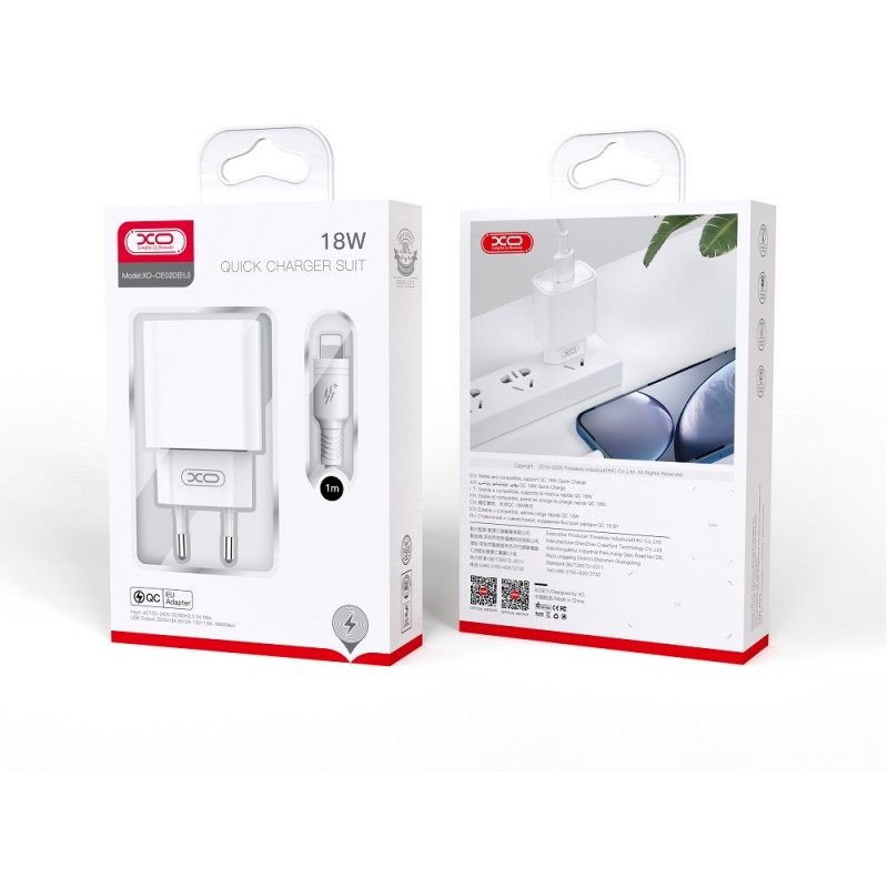 XO мрежово зарядно CE02D QC 3.0 18W 1x USB бяло + USB-C кабел