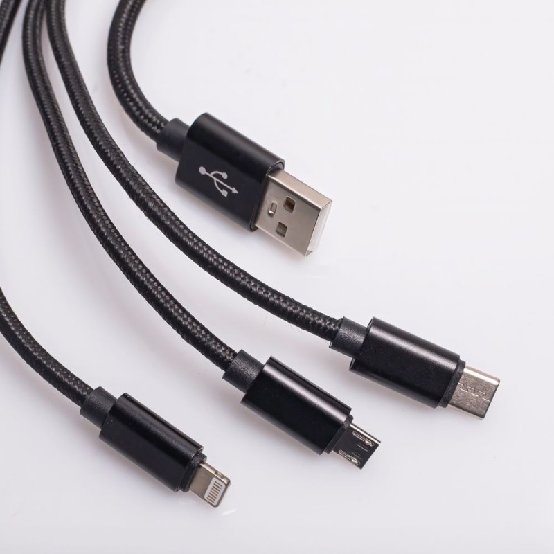 Maxlife кабел 3в1 USB - Lightning + USB-C + microUSB 1.0 m 2.1A черен найлон