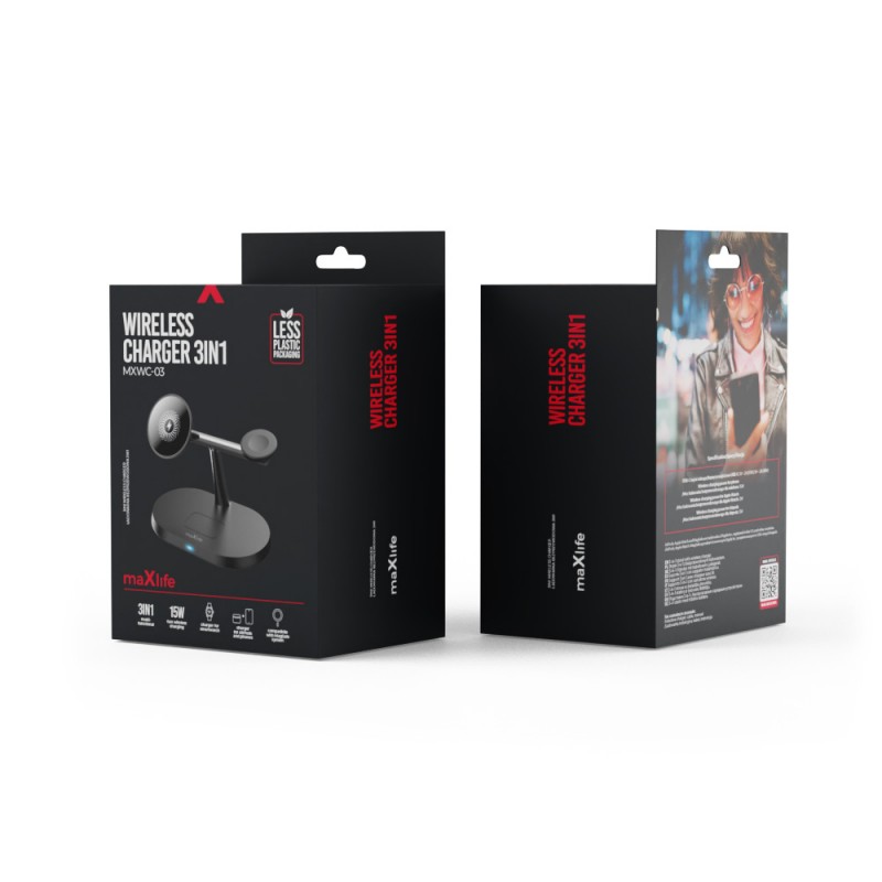Магнитно безжично зарядно Maxlife MXWC-03 15W черно 3в1