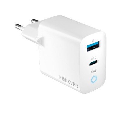 Forever GaN PD QC стенно зарядно устройство TC-06-65AC 1x USB-C 1x USB 65W бяло