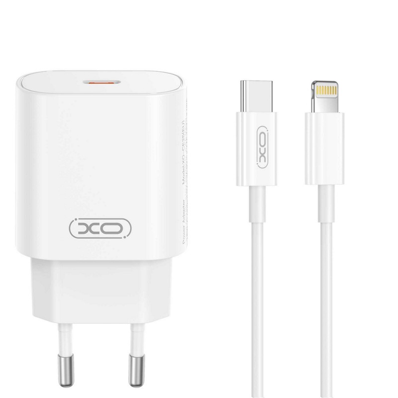XO мрежово зарядно CE25 PD 25W 1x USB-C бяло + кабел USB-C - Lightning