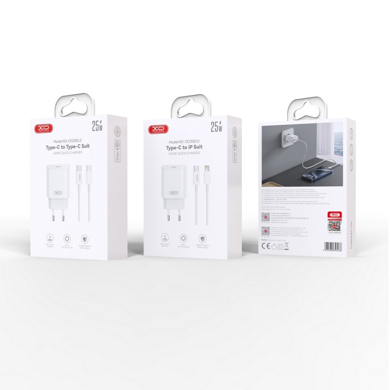 XO мрежово зарядно CE25 PD 25W 1x USB-C бяло + кабел USB-C - USB-C
