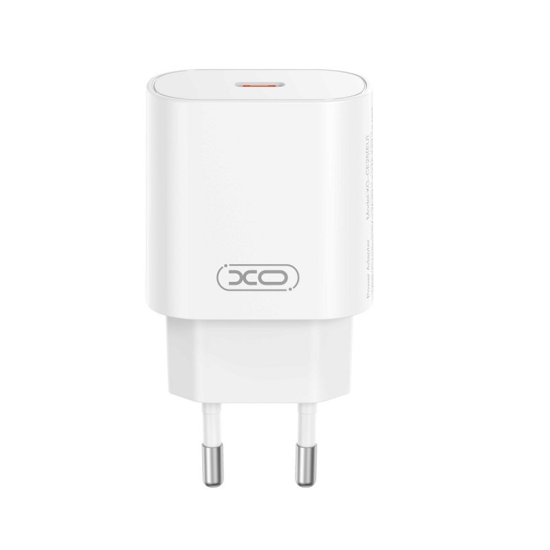 XO мрежово зарядно CE25 PD 25W 1x USB-C бяло + кабел USB-C - USB-C