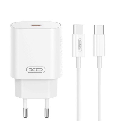XO мрежово зарядно CE25 PD 25W 1x USB-C бяло + кабел USB-C - USB-C
