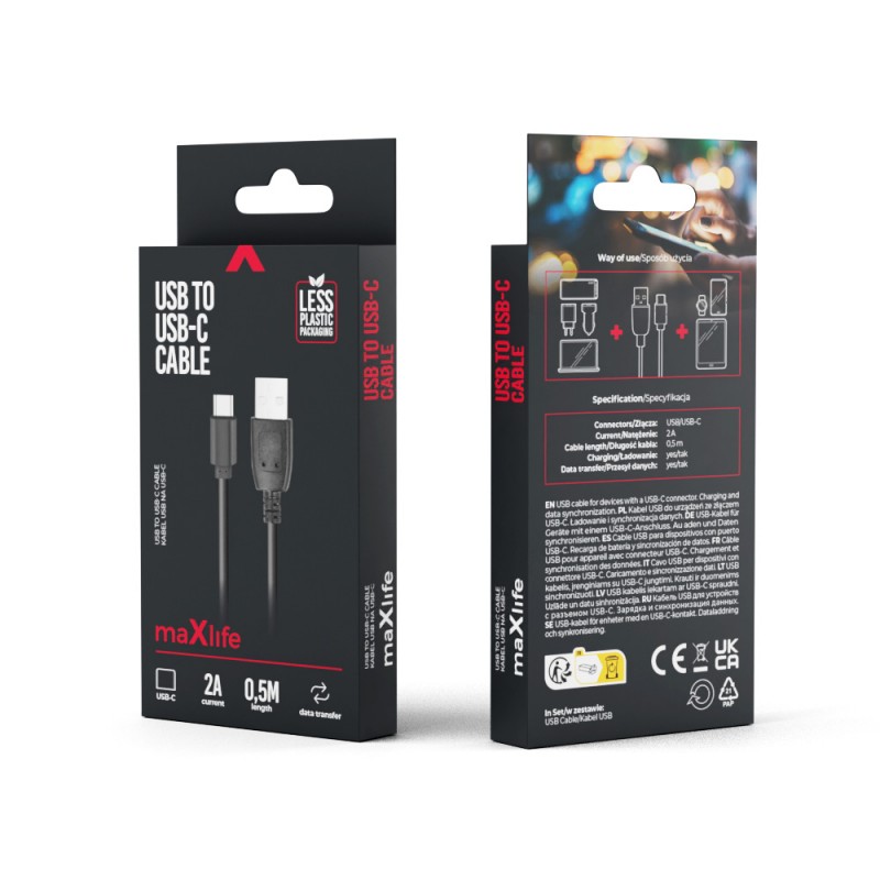 Maxlife USB - USB-C кабел 0.5 m 2A черен