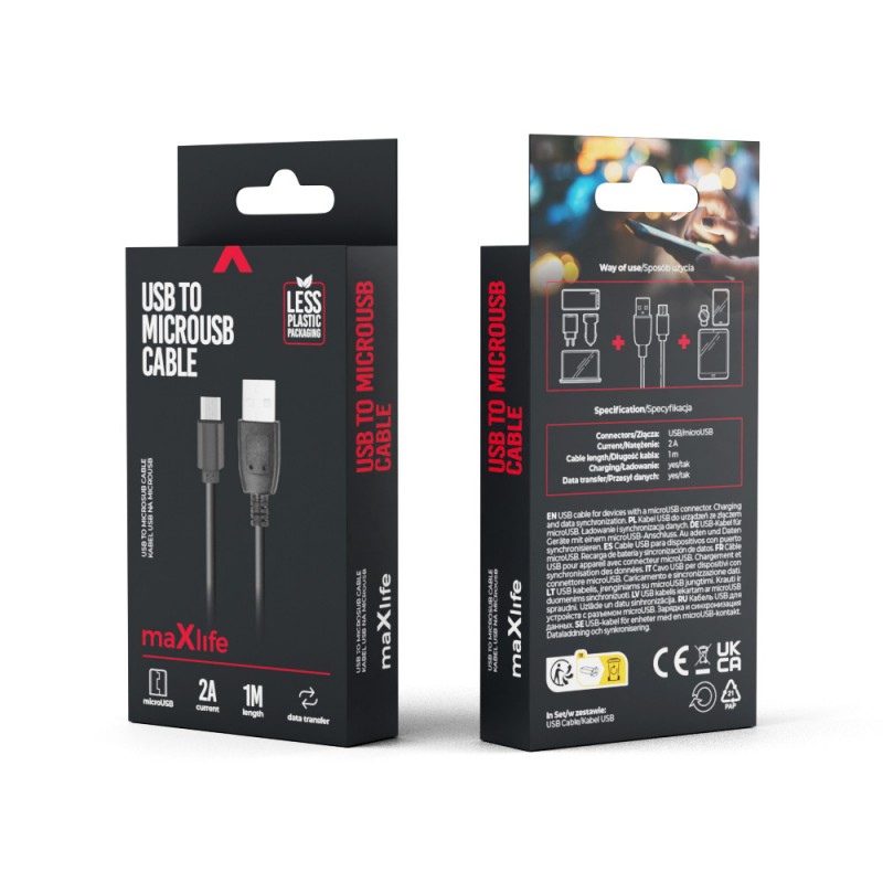 Maxlife кабел USB - microUSB 1,0 m 2A, черен