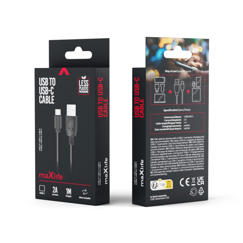 Maxlife USB - USB-C кабел 1.0 m 2A черен