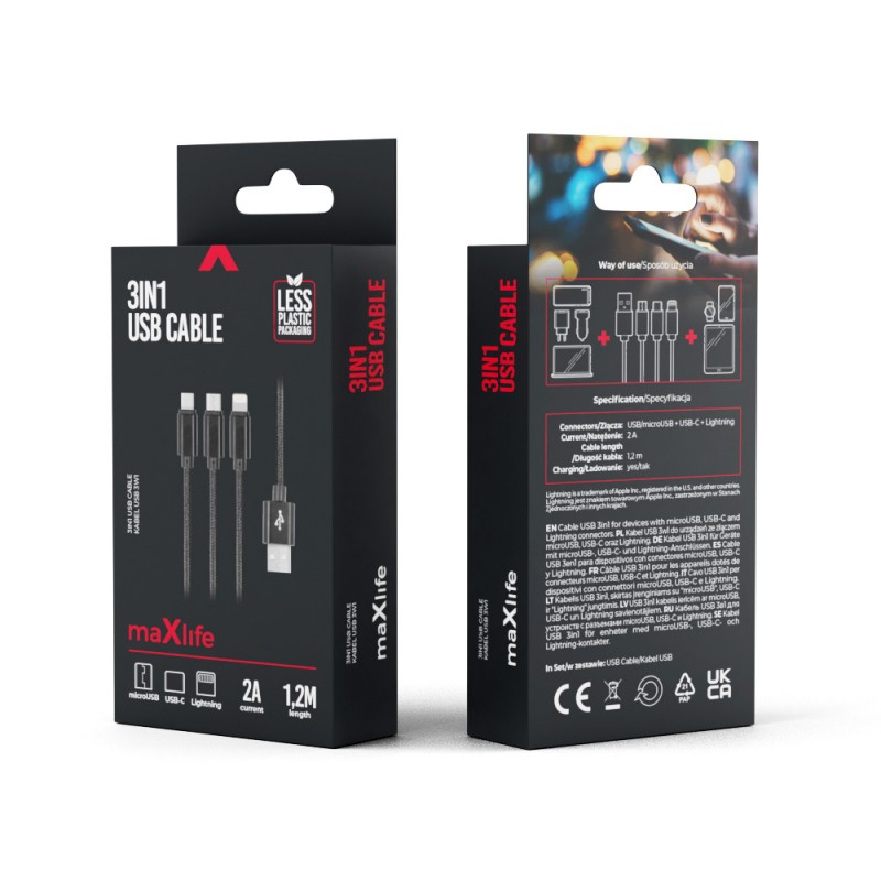 Maxlife кабел 3в1 USB - Lightning + USB-C + microUSB 1.0 m 2.1A черен найлон