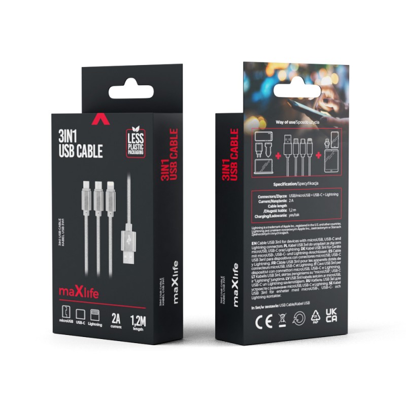 Maxlife кабел 3в1 USB - Lightning + USB-C + microUSB 1.0 m 2.1A сив найлон