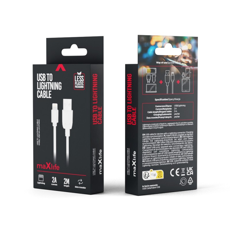 Maxlife USB - Lightning кабел 2.0 m 2A бял
