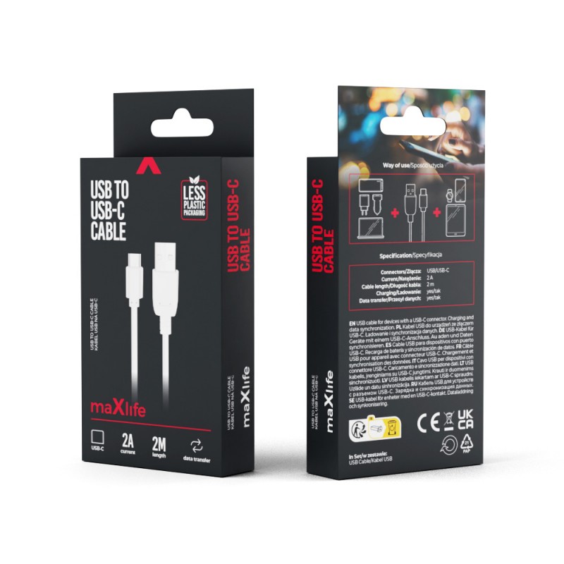 Maxlife USB - USB-C кабел 2.0 m 2A бял