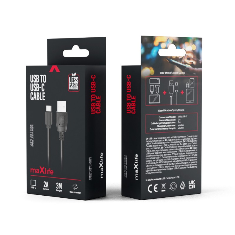 Maxlife USB - USB-C кабел 3.0 m 2A черен