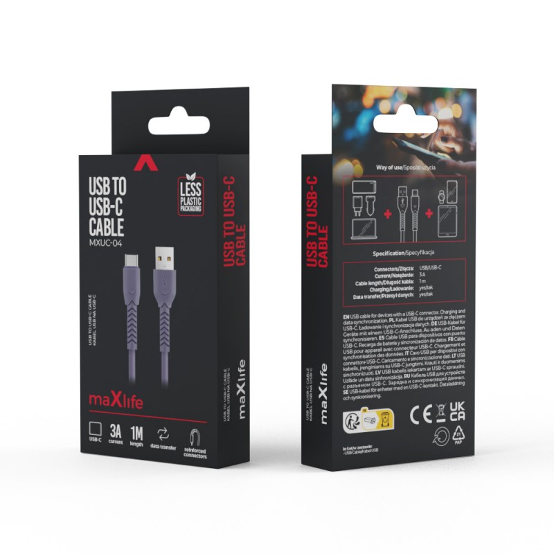 Кабел Maxlife MXUC-04 USB - USB-C 1,0 m 3A, лилав
