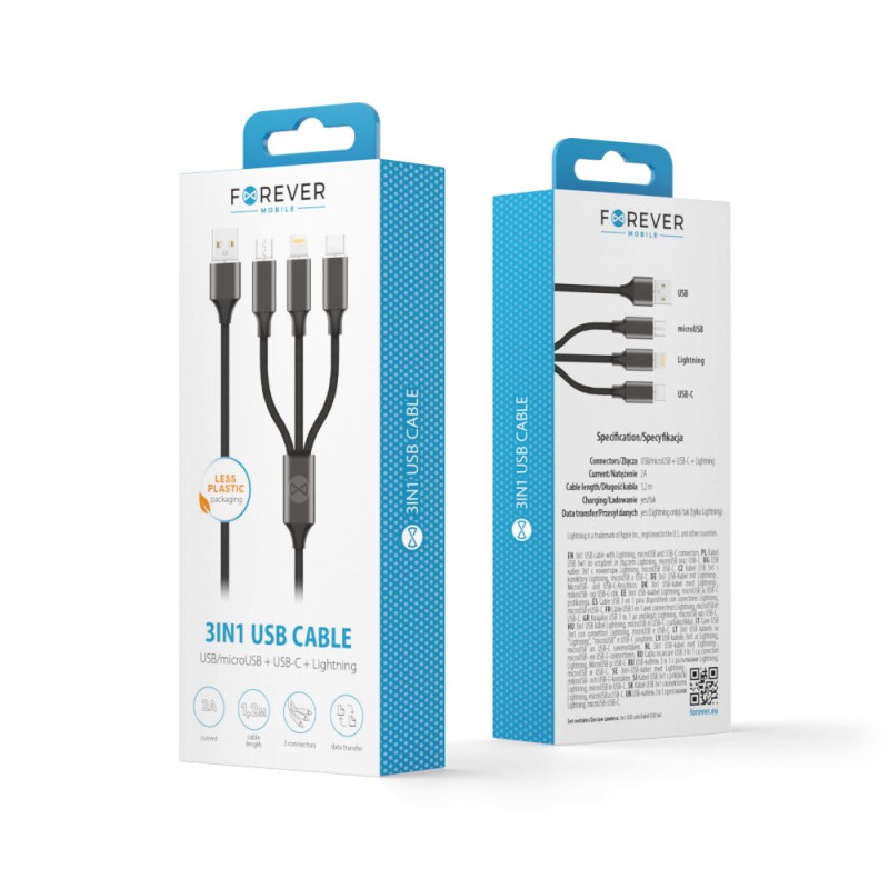 Forever kabel 3w1 USB - Lightning + USB-C + microUSB 1,2 m 2A czarny