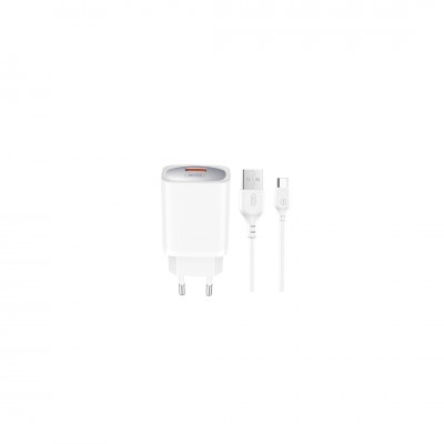 XO мрежово зарядно CE19 QC 18W 1x USB бяло + USB-C кабел