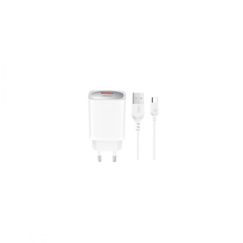 XO мрежово зарядно CE19 QC 18W 1x USB бяло + USB-C кабел