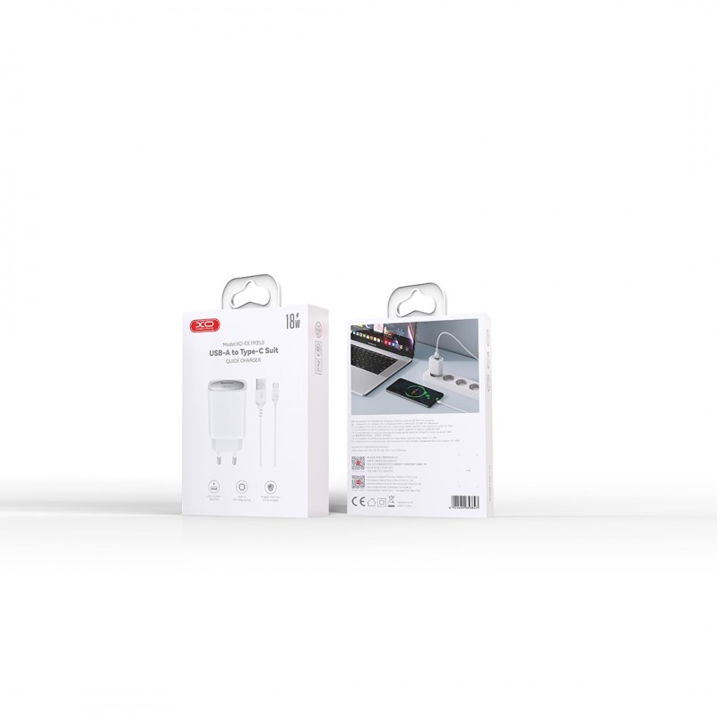 XO мрежово зарядно CE19 QC 18W 1x USB бяло + USB-C кабел